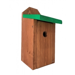 Birdhouse for tits, tree sparrows and flycatchers - to be mounted on walls - brown with green roof