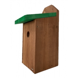 Birdhouse untuk tits, burung gereja dan burung terbang - dipasang di dinding - coklat dengan bumbung hijau - 