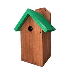 Зидна кућица за птице за сисе, врапце и орахе - смеђа са зеленим кровом - 