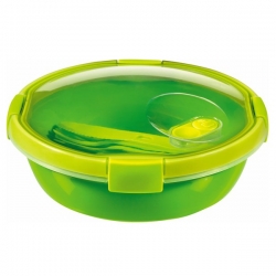 Kotak makan siang bundar hijau 1 liter dengan peralatan makan - Smart To Go Lunch - 