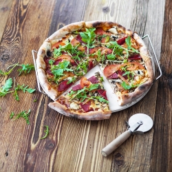 Pietra per pizza tonda con manico + coltello - 33 cm - 