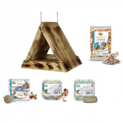 Набор для кормления птиц - кормушка треугольная, стол для птиц - обугленные дрова + корм для синиц и других птиц - 