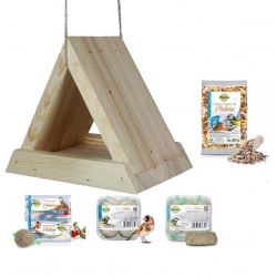 Набор для кормления птиц - кормушка треугольная, стол для птиц - необработанная древесина + корм для синиц и других птиц - 
