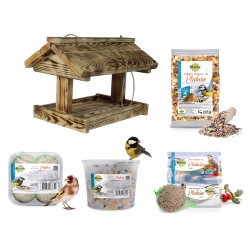 Sada na kŕmenie vtákov - Veľké krmítko pre vtáky, stôl pre vtáky - zuhoľnatené drevo + krmivo pre sýkorky a iné vtáky - 
