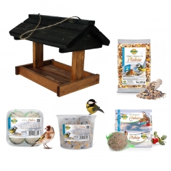 Bird feeding set - Large bird feeder, bird table - black-brown + fodder for tits and other birds