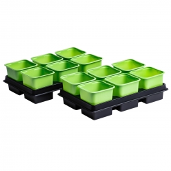 Zöld, 8 x 8 cm-es négyzet alakú fazék - 12 darab + két tálca - 