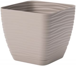 Pot carré "Sahara petit" avec une soucoupe - 13 cm - gris-beige (taupe) - 