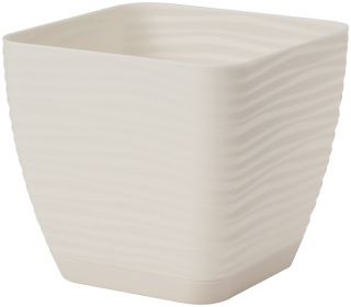Vaso quadrato "Sahara petit" con piattino - 11 cm - bianco crema - 