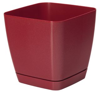 「トスカーナ」正方形の植木鉢と受け皿-11 cm-メタリックレッド - 