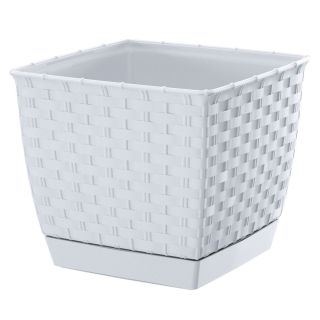 Vaso quadrato con piattino - Ratolla - 24 cm - Bianco - 