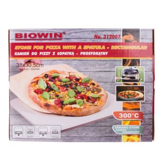 Rektangulär pizza bakning keramisk sten med en trä pizzaskal - 38 x 30,5 cm - 