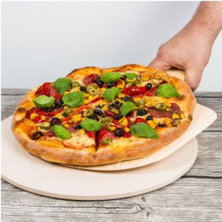 Piedra para hornear pizza redonda de cerámica con una cáscara de pizza de madera ø 33 cm - 