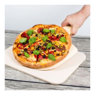 Rectangular pizza baking ceramic stone with a wooden pizza peel - 38 x 30.5 cm
