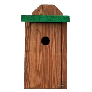Vogelhuisje voor mezen, boommussen en vliegenvangers - te monteren op muren - bruin met groen dak - 