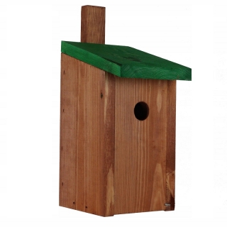 Къща за птици за цици, врабчета на дървета и мухоловки - кафява със зелен покрив - 