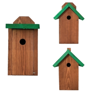 Комплект от три къщички за птици - кафяв със зелени покриви - 