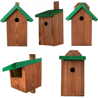 Conjunto de cinco casas de pájaros diferentes - marrón con techo verde - 