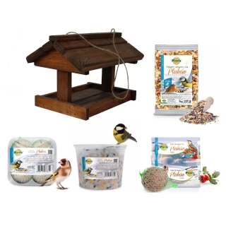 Fågelmatningssats - Fågelmatare, fågelbord - brunt + foder för bröst och andra fåglar - 