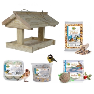 Vogelfütterungsset - Großer Vogelhäuschen, Vogeltisch - Rohholz + Futter für Titten und andere Vögel - 