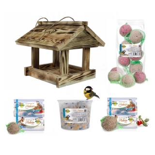 Fuglefodringssæt - Klassisk fuglebord, fuglefoder - forkullet træ + KORNVALG - 4 typer - 