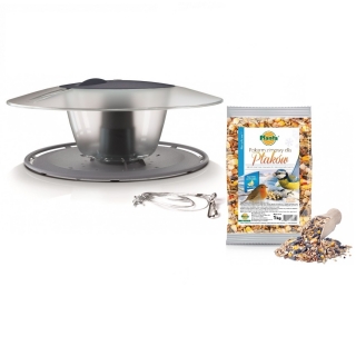 Vogelfütterungsset - ein auf einer Stange montierter Vogelhäuschen, Vogeltisch - Birdyfeed Round - Steingrau + Trockenfutter - GROSSES PAKET - 