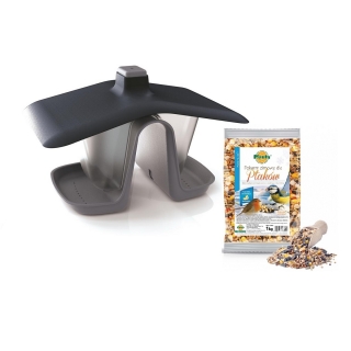 Fuglefôringssett - Et fuglebord for oppheng på line eller gren - Birdyfeed Double - antrasittgrå + tørrfôr - STOR PAKKE - 