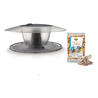 Kit d'alimentation pour oiseaux - une mangeoire à oiseaux montée sur poteau, table à oiseaux - Birdyfeed Round - gris anthracite + fourrage sec - GRAND PACKAGE - 