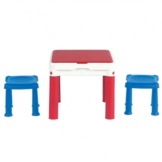 Aktivitāšu galds ar izkārnījumiem uzbūvējamiem celtniecības ķieģeļiem - zili-sarkans-balts - 