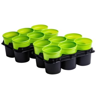 Green, round nursery pots with a tray - 12 pieces