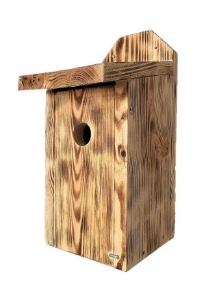 Fuglehus for pupper, trærspurv og fluesnekker - som skal monteres på vegger - forkullet tre - 