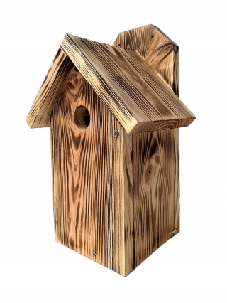Casetta per uccelli a muro per tette, passeri e picchio muratore - legno carbonizzato - 