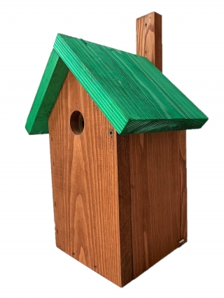Birdhouse cho ngực, chim sẻ và nuthatches - màu nâu với mái nhà màu xanh lá cây - 