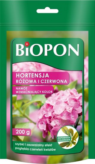 Színjavító műtrágya vörös és rózsaszín hortenzia számára - BIOPON® - 200 g - 