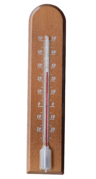Houten donkerbruine gebogen thermometer binnenshuis - 40 x 185 mm - 