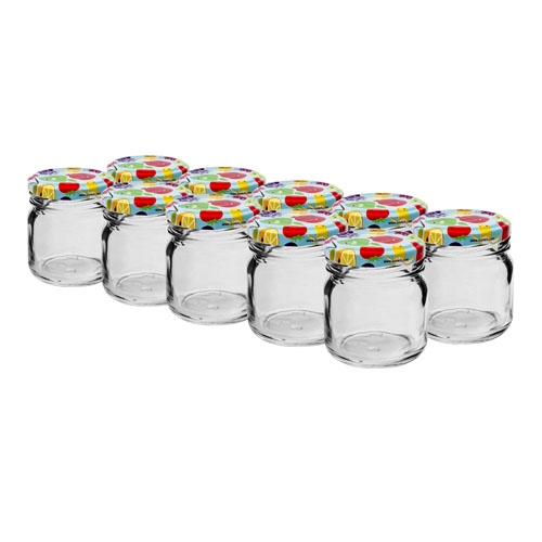 Maži dekoratyviniai 40 ml stiklainiai su spalvotais dangteliais - ø 43 mm -  10 dalių rinkinys - – Garden Seeds Market | Nemokamas pristatymas