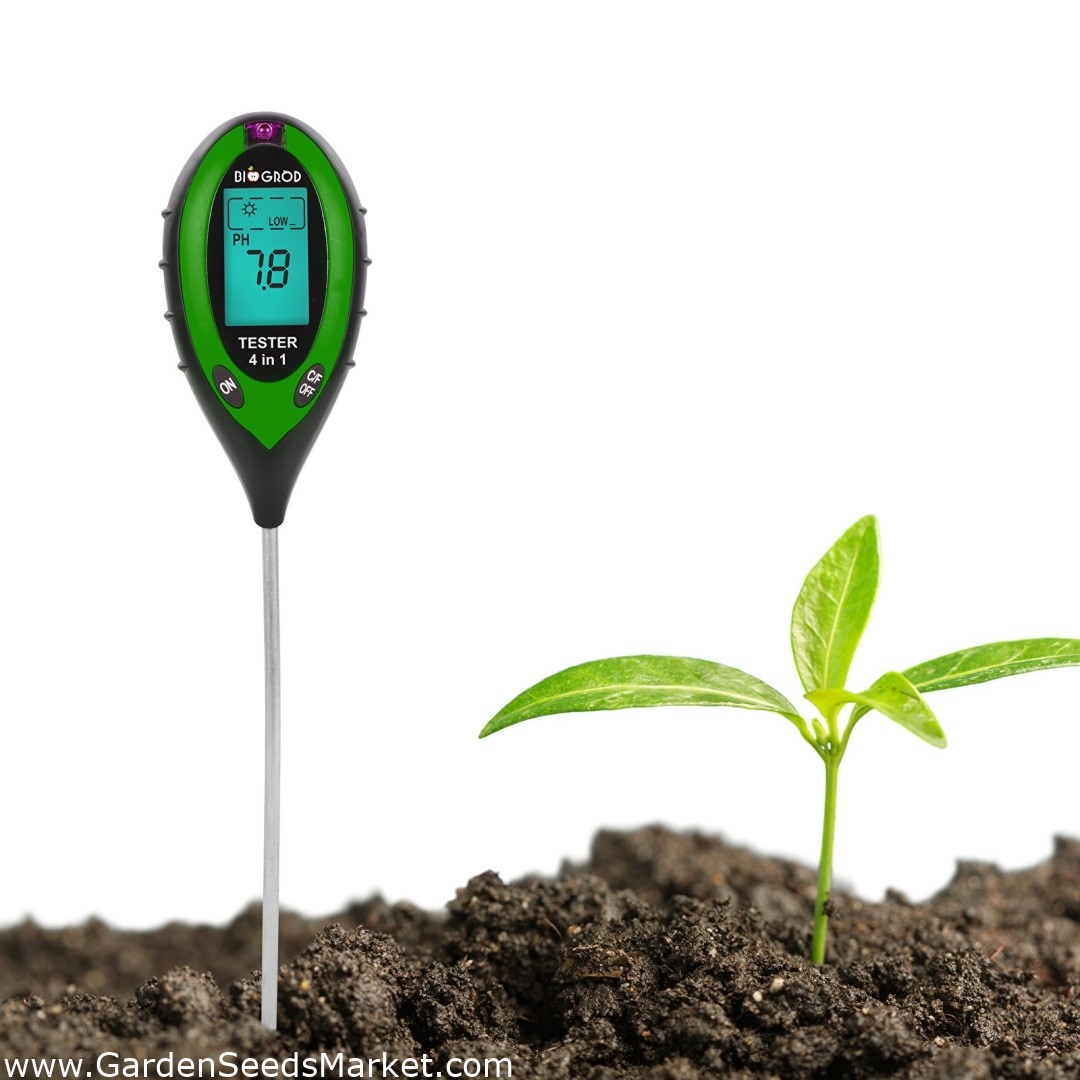 Elektronski ispitivač tla 4 u 1 - pH-metar, higrometar, izloženost suncu,  temperatura - – Garden Seeds Market | Besplatna dostava